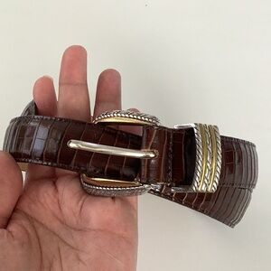 Brighton Dark Brown Croc-Embossed Belt with Silver and Gold Buckle